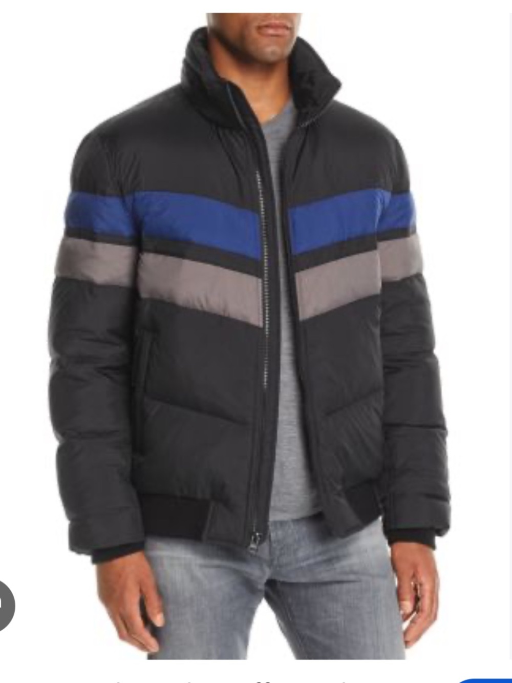 Marc New York Black Puffer Jacket with Blue & Gray Stripes